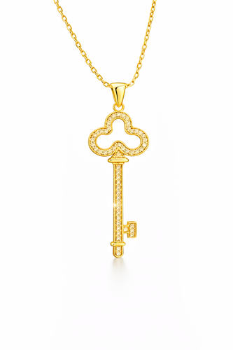 گردنبند نقره ۹۲۵ طرح کلید اقبال شبدر نگیندار با زیرکونیا (زنجیر ۴۲ سانت)