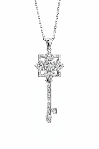 گردنبند نقره ۹۲۵ طرح کلید اقبال ستاره/گل هندسی نگیندار با زیرکونیا (زنجیر ۴۲ سانت)